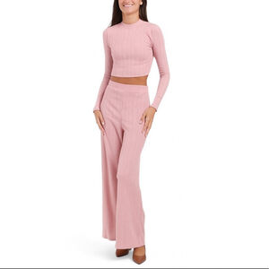 Hunter & Brown Women’s Two-Piece Knit Set Pink Cable-Knit Size XL Crop Top Wide-